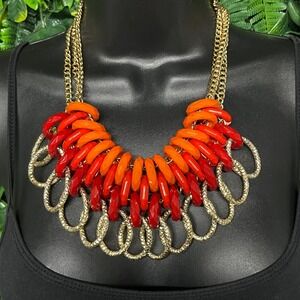 Gold Tone Red Orange Necklace Chunky Bib Statement Multi Strand Resin Link 3980